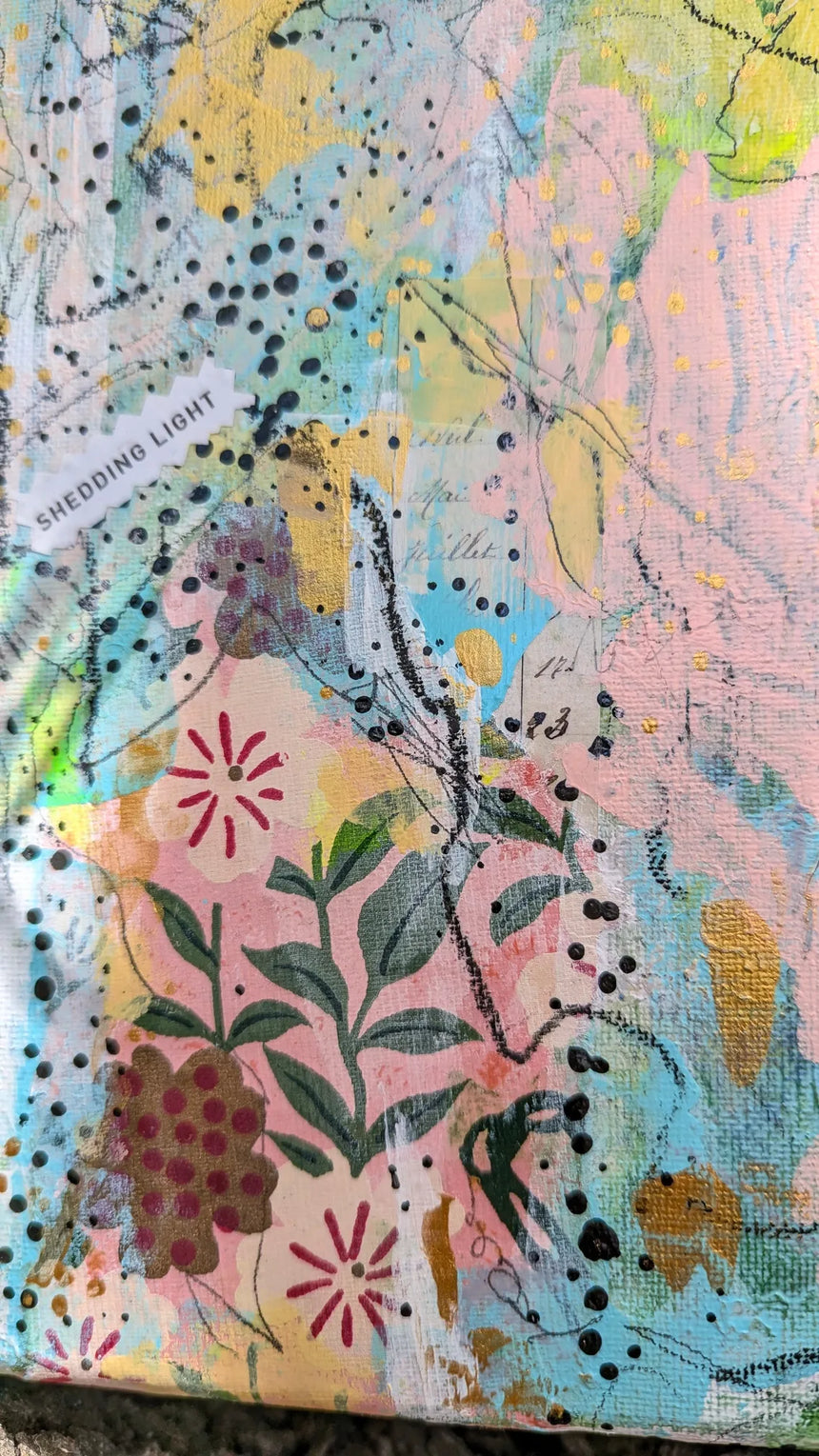 Artistic abstract design with floral elements and text on a textured background