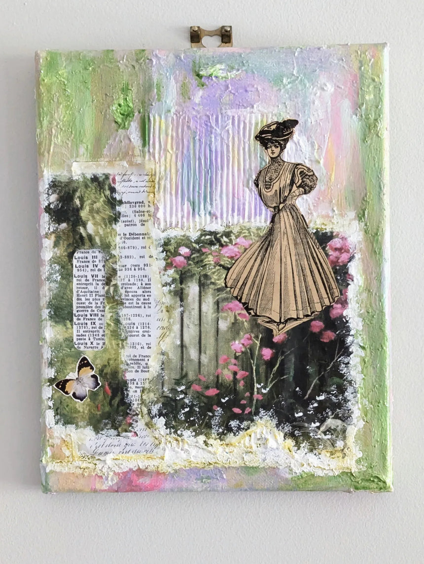 Original collage art with a woman in a vintage dress, flowers and text on a white wall background