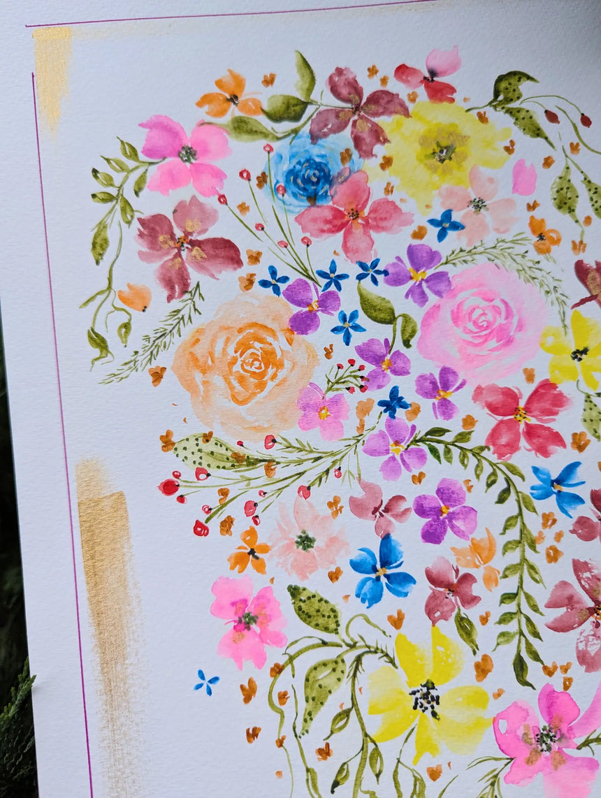 A close-up of a watercolor floral painting featuring a dense arrangement of multicolored flowers and green leaves on a white background, with a gold textured vertical stripe on the left side.