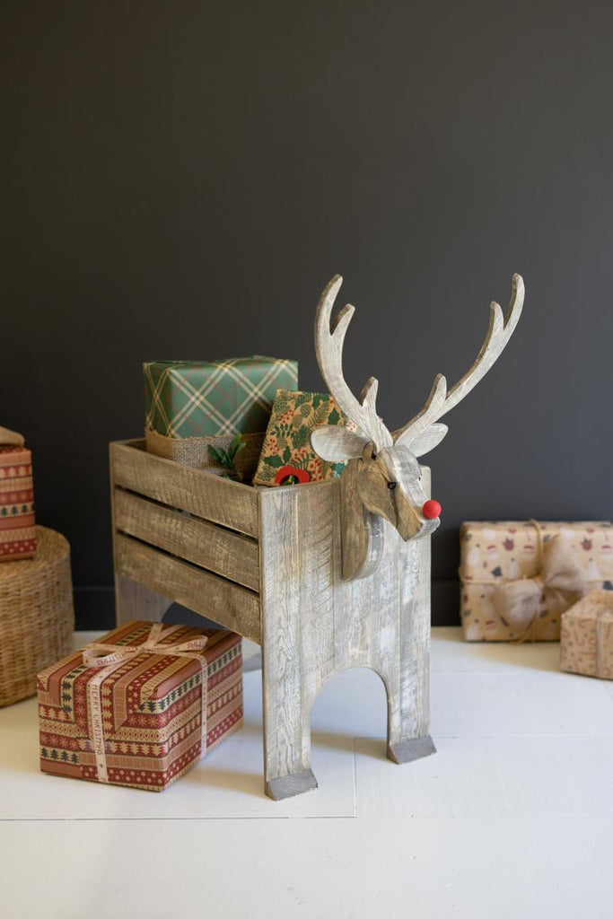 recycled wood reindeer crate with red nose