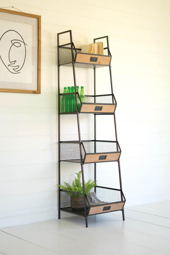 tall industrial style metal shelf with four wooden drawers