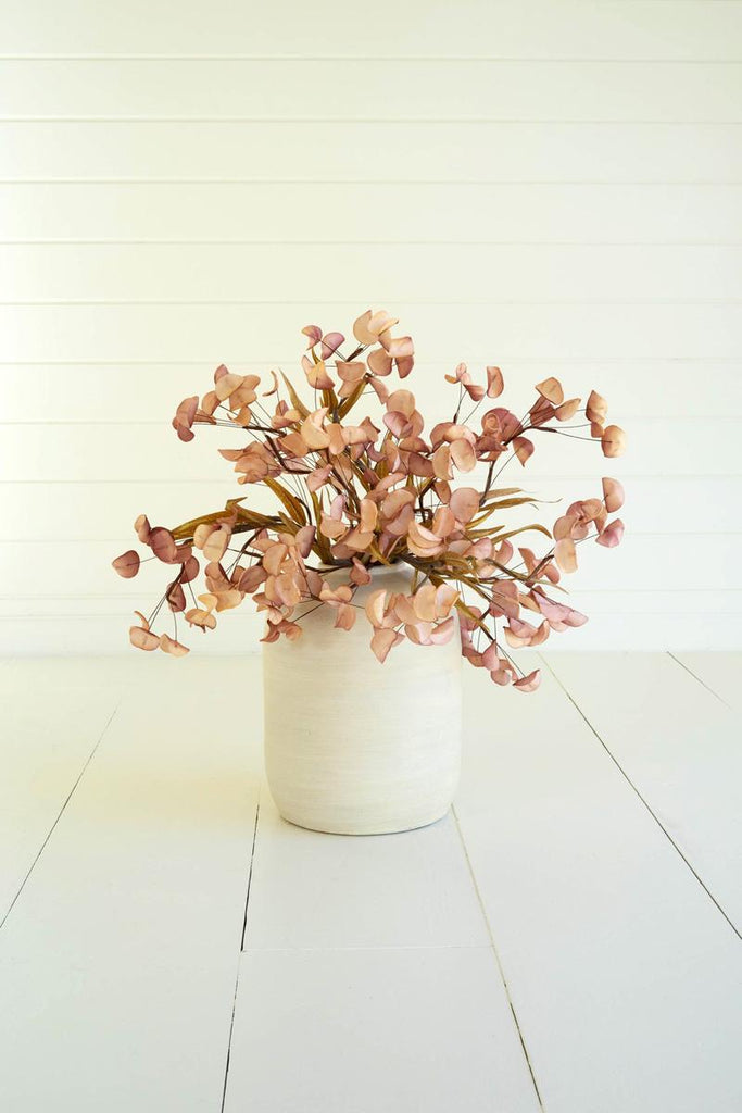 artificial plant with light brown blossoms made with latex rubber - shown in white pot