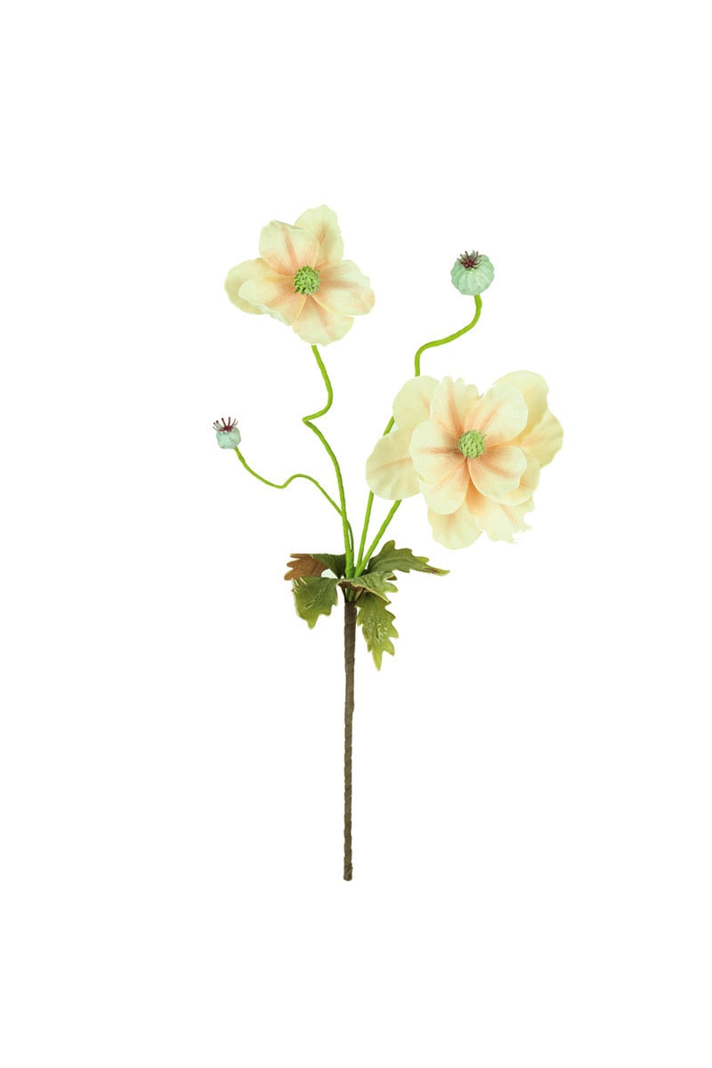 Artificial flower stem with beige flowers on a white background