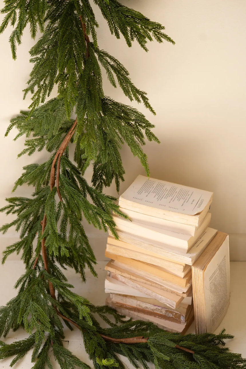 Stack of books next to an artificial evergreen branch on a neutral background