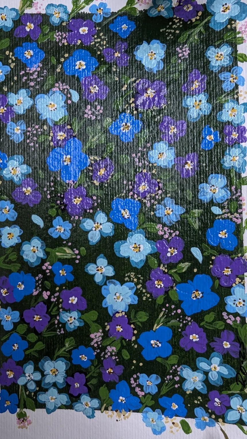 acryling painting study of light blue dark blue purple forget-me-not flowers - mid close-up view