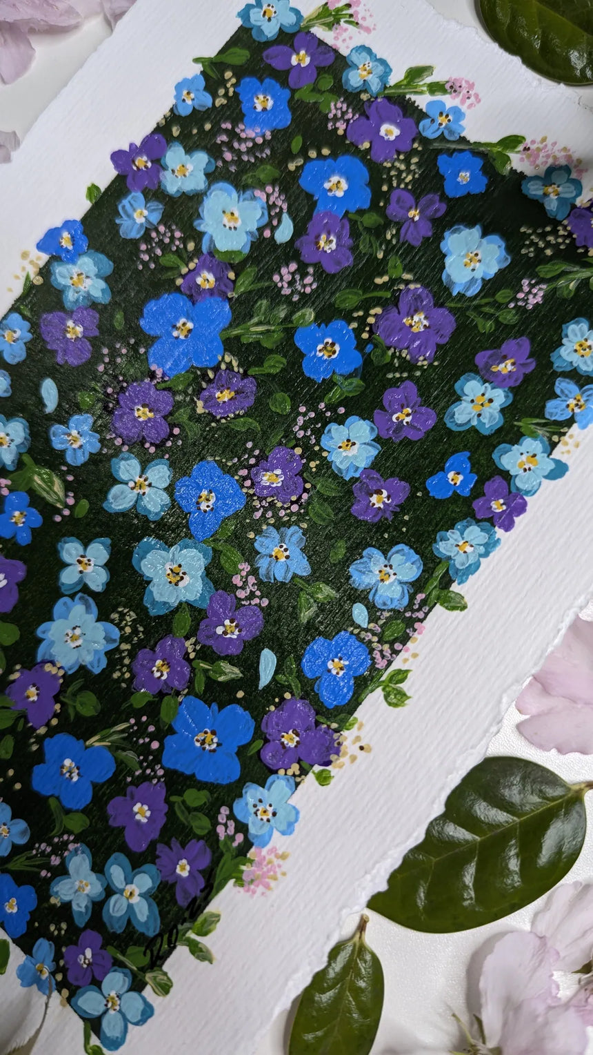 acryling painting study of light blue dark blue purple forget-me-not flowers - slanted right view