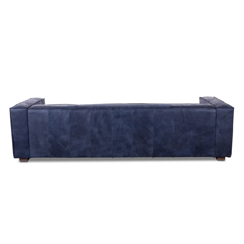 rear view of blue leather sofa