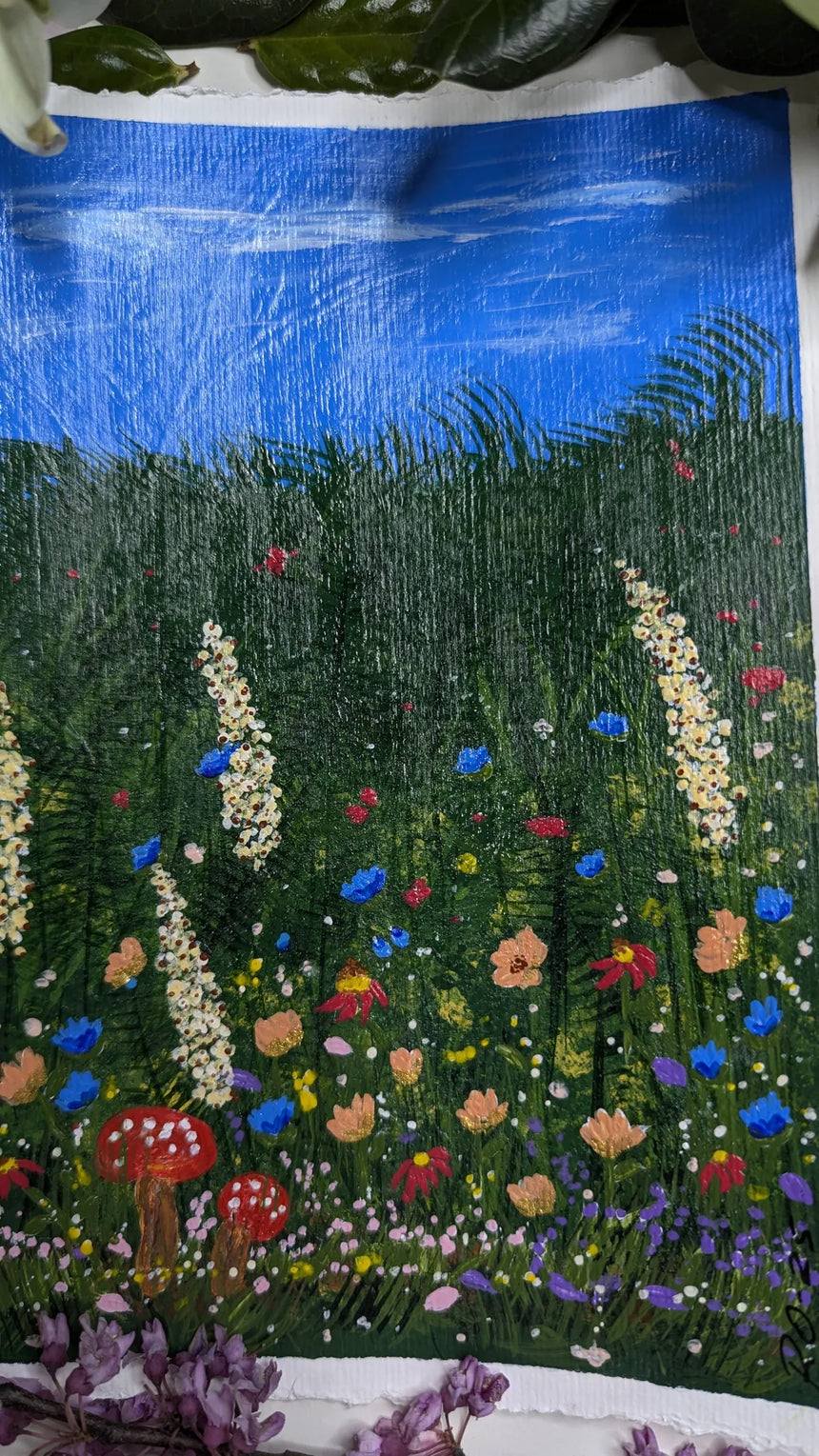 acrylic meadow painting study of wildflowers & mushrooms beneath blue sky - close-up view