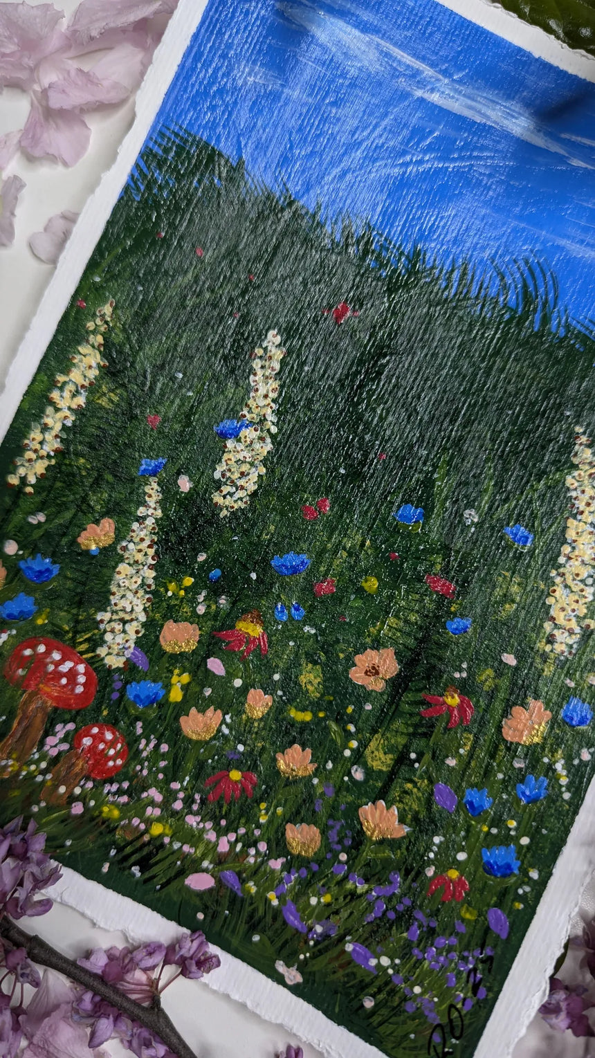 acrylic meadow painting study of wildflowers & mushrooms beneath blue sky - slanted right view