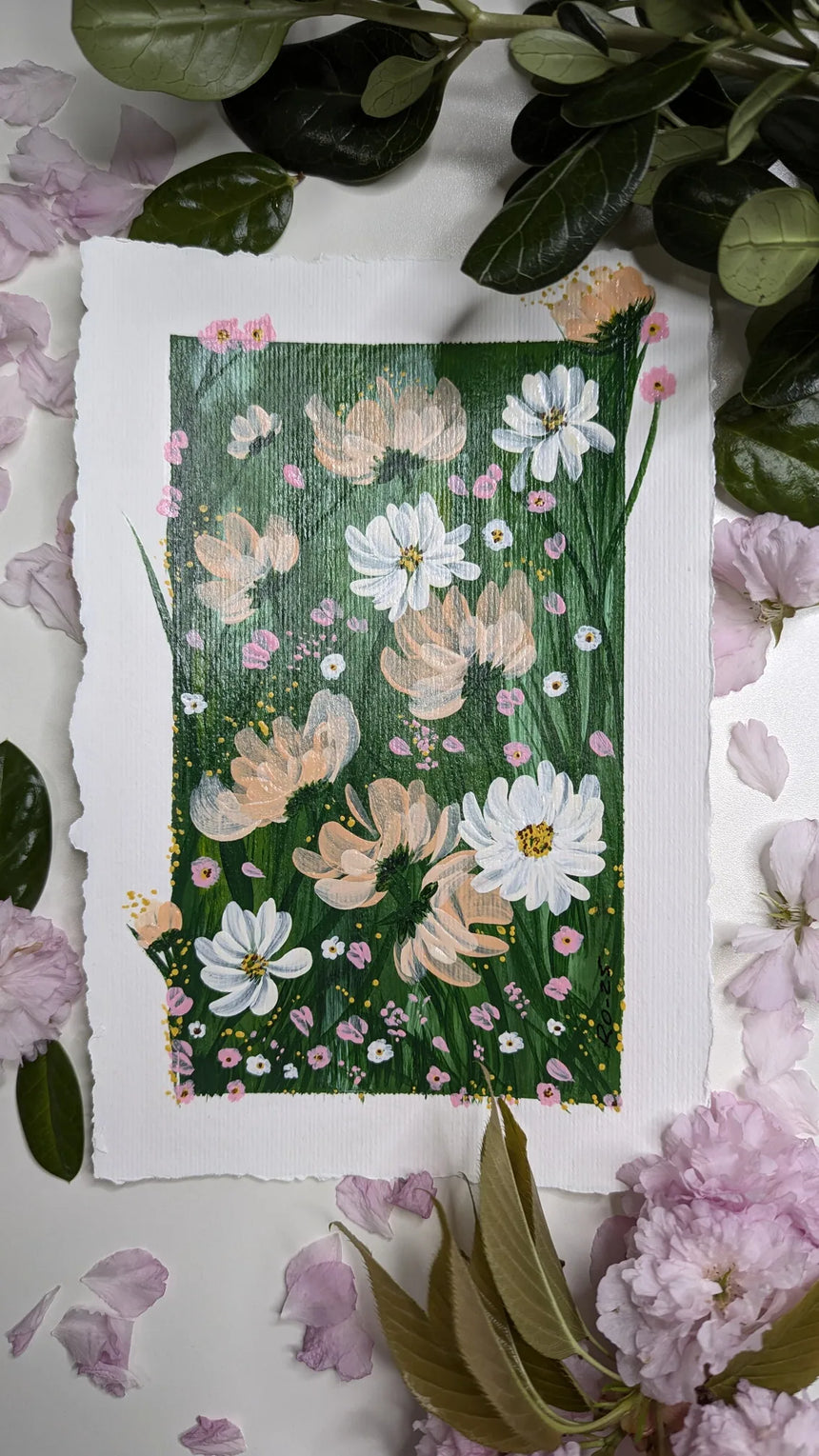 acrylic painting study of white and peach blossoms against lush green background