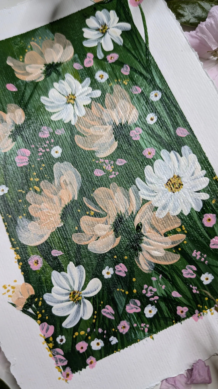 acrylic painting study of white and peach blossoms against lush green background - slanted left view