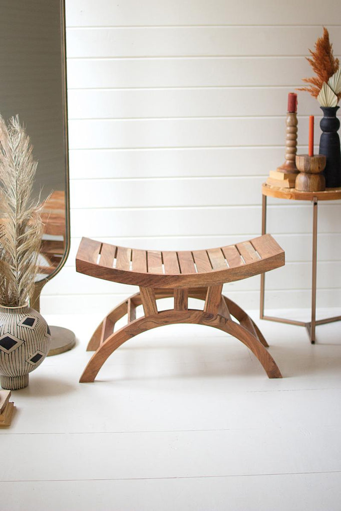 light brown acacia wood curved bench