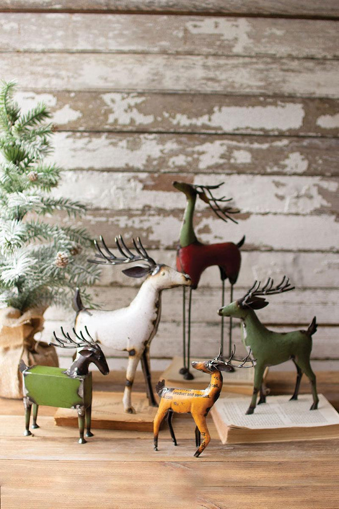 set of 5 recycled metal deer of different shapes, sizes and colors