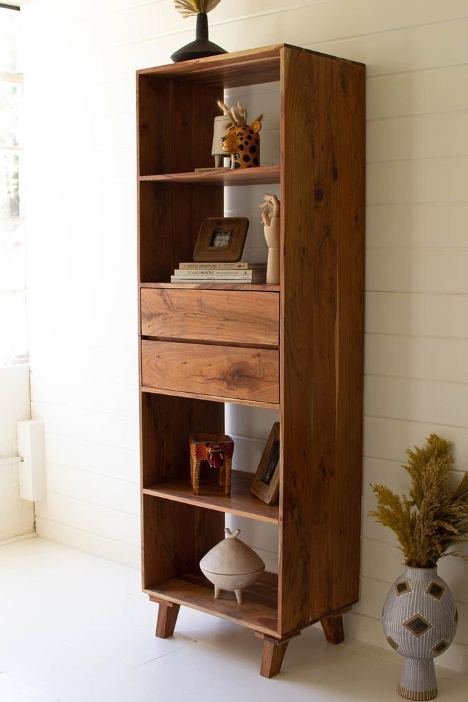 tall acacia wood shelf with 4 shelves and 2 drawers - front left view