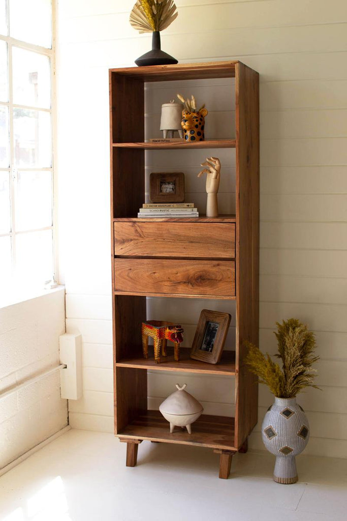 tall acacia wood shelf with 4 shelves and 2 drawers