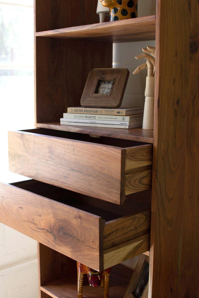 tall acacia wood shelf with 2 drawers incrementally open - close up view