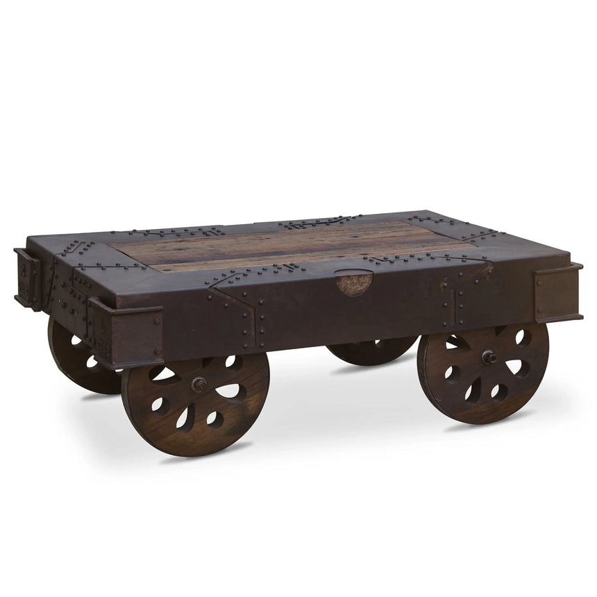 Sterling 48in Wheeled Neem Wood Coffee Table with Reclaimed Iron - angled view