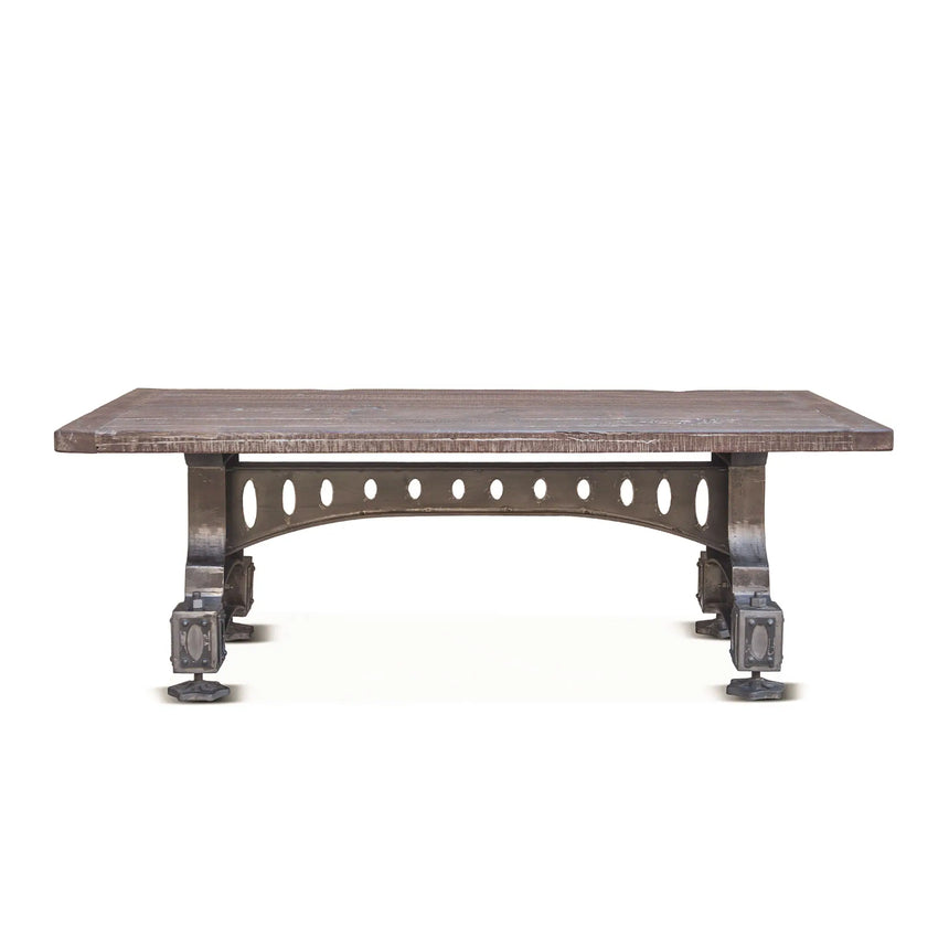 teak wook dining or coffee table with cast iron base - front view