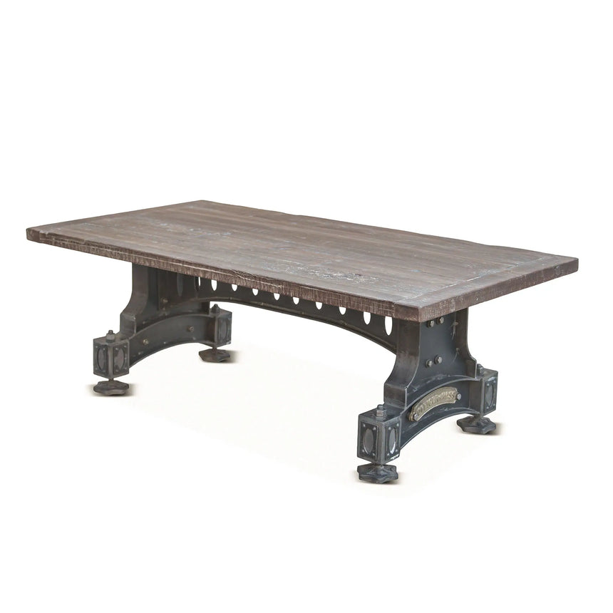 teak wood dining or coffee table with cast iron base - angled view