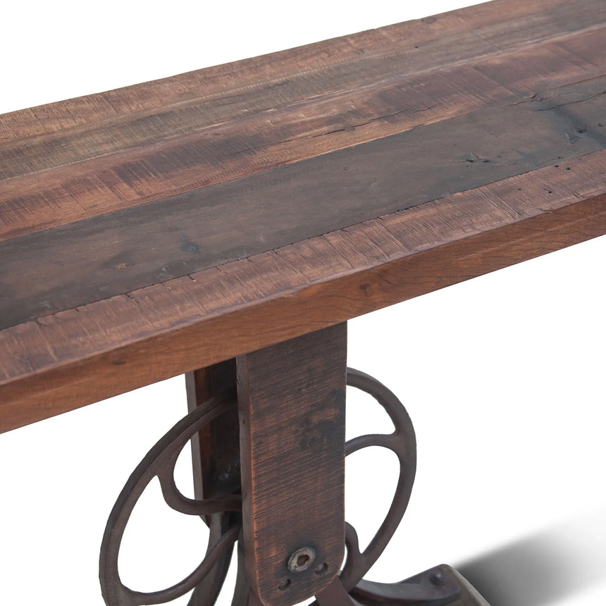 close up of console table teak wood top