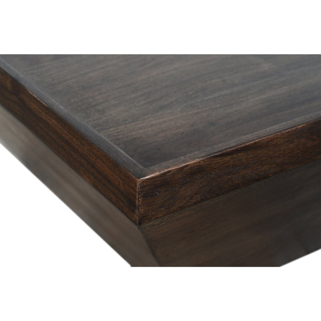 square acacia wood coffee table - zoomed in on corner