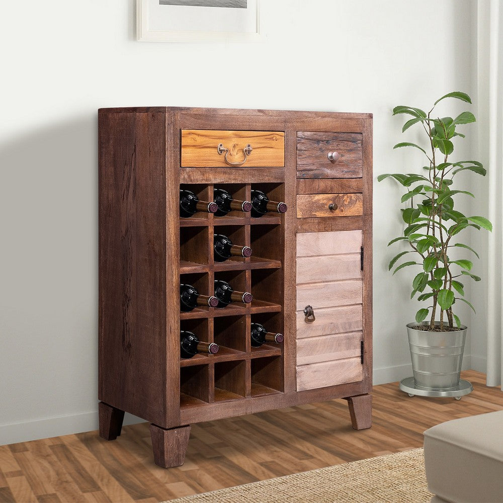 multicolor mango wood wine cabinet for 15 bottles with 3 drawers and a 1 door cabinet