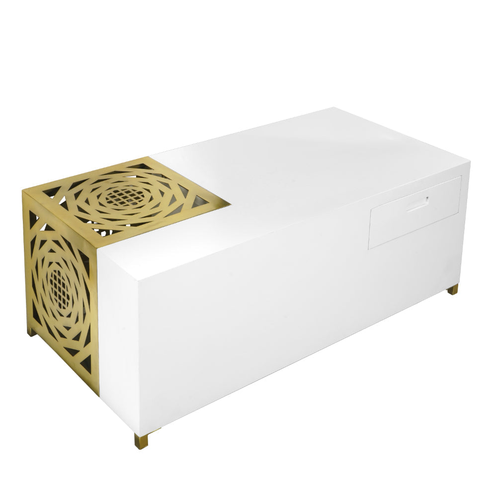 modern white rectangular coffee table with geometric cube detailed corner accent - rear left view