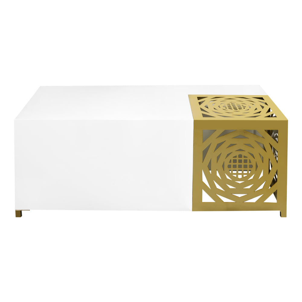 modern white rectangular coffee table with geometric cube detailed corner accent - no background