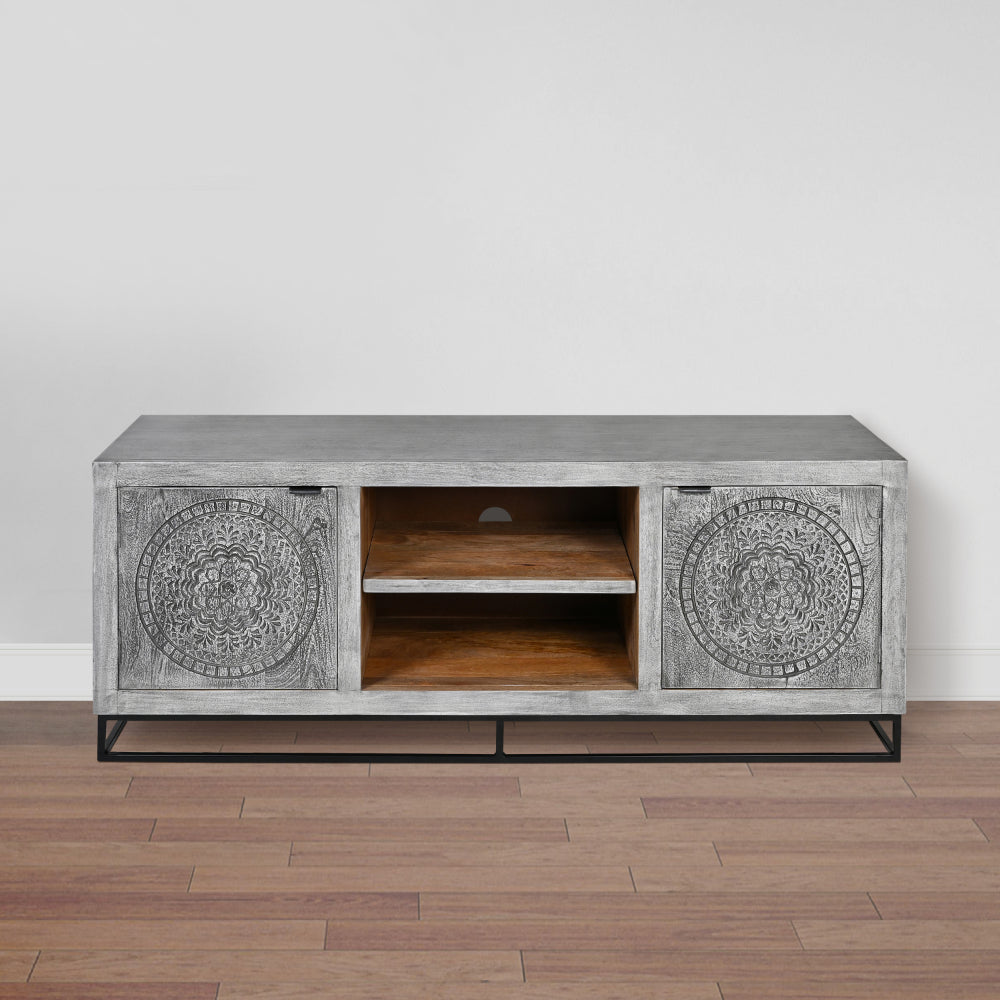 63 inch tv stand in gray mango wood with a cabinet on each side of the center shelf