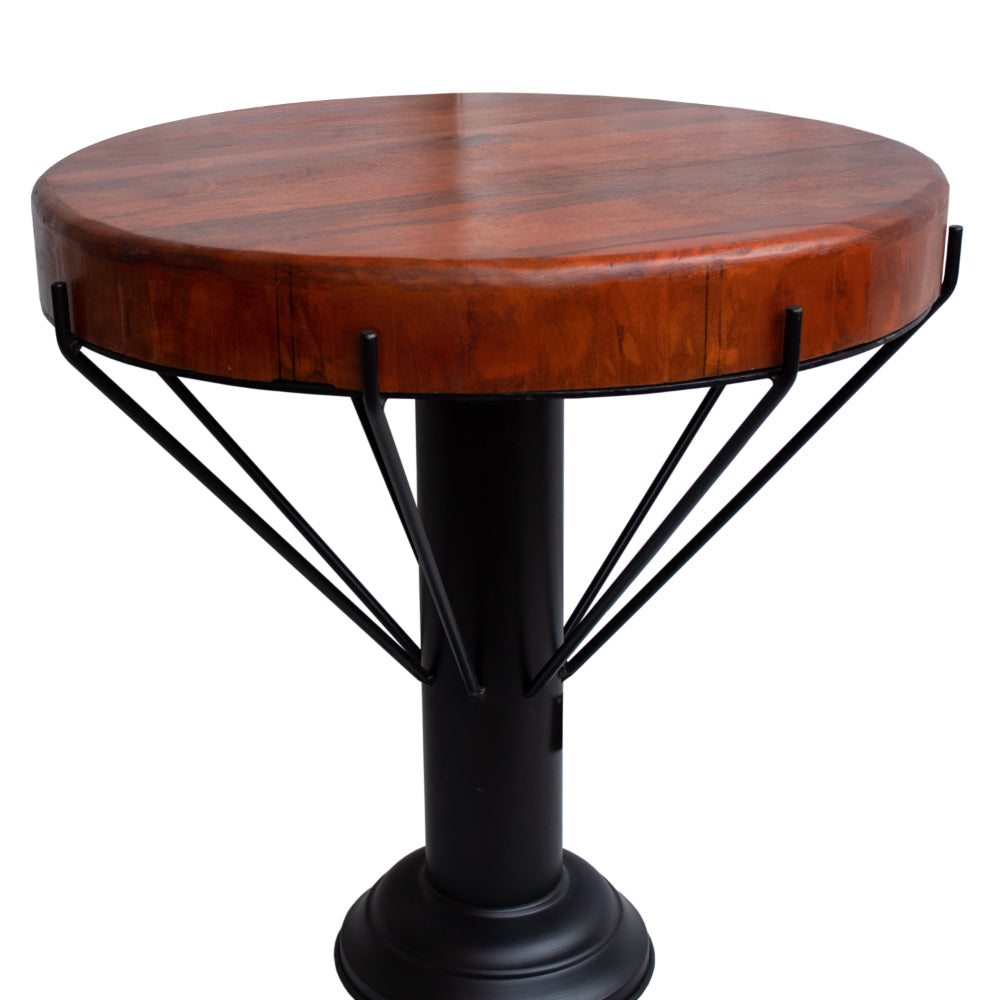 accent table with round mango wood table top and black iron pedestal base