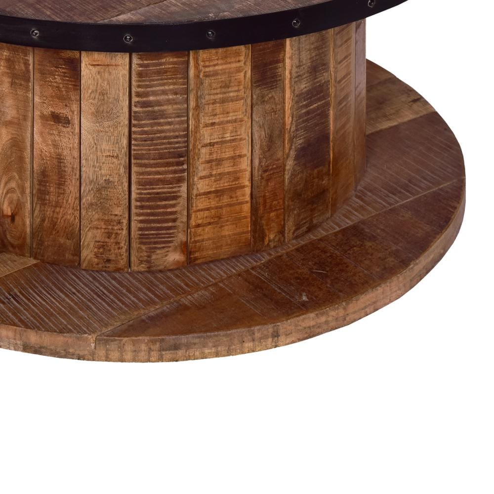 wood farmhouse coffee table - blank background - downward view - zoomed in on foot base