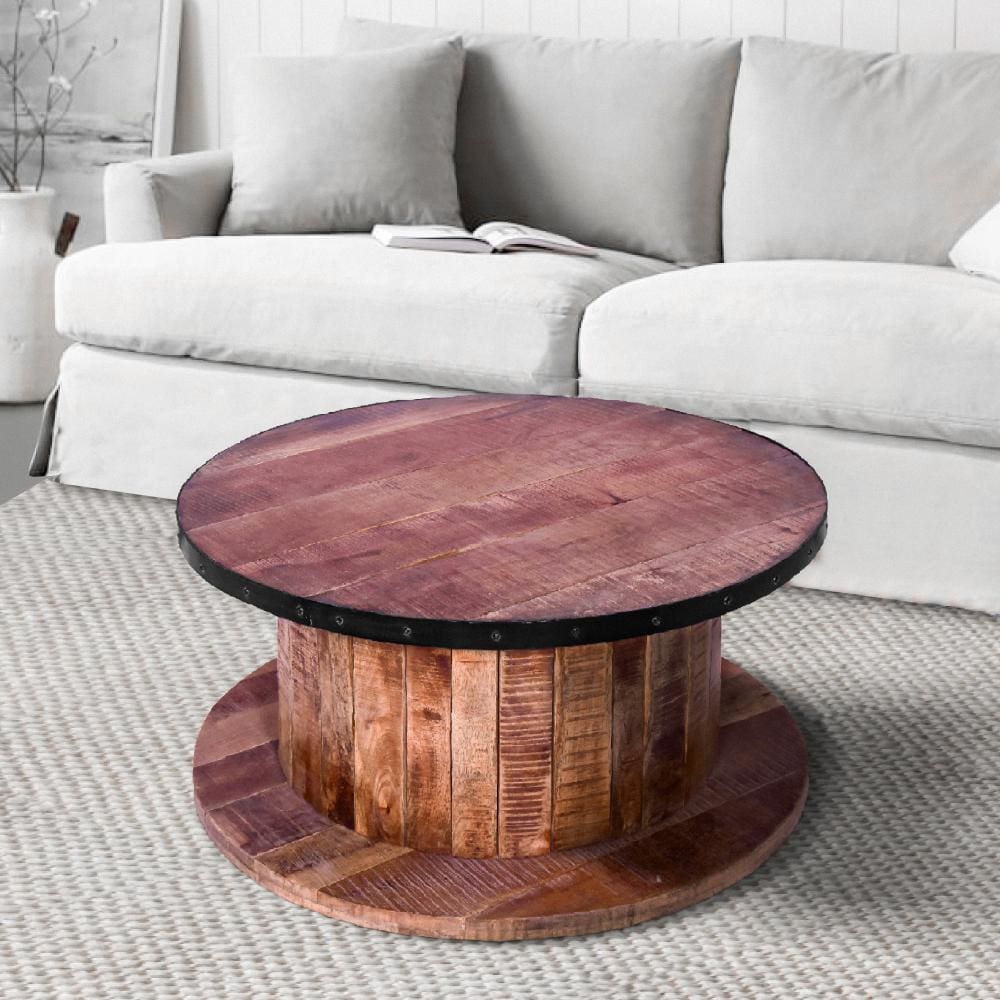 wood farmhouse coffee table in living room setting