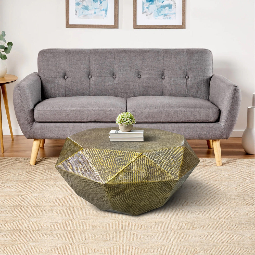 faceted octagonal coffee table - shown next to gray sofa
