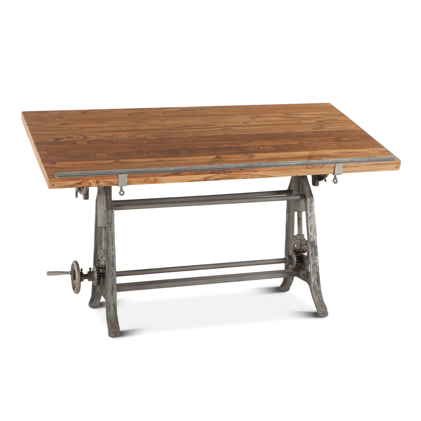 solid wood adjustable drafting table with iron base - side view with desk at slight angle