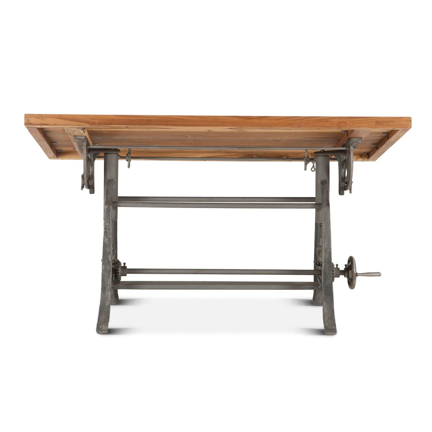 solid wood adjustable drafting table with iron base - rear view with desk slightly angled