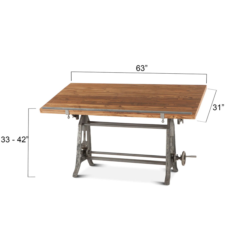 solid wood adjustable drafting table with iron base - angled view with dimensions
