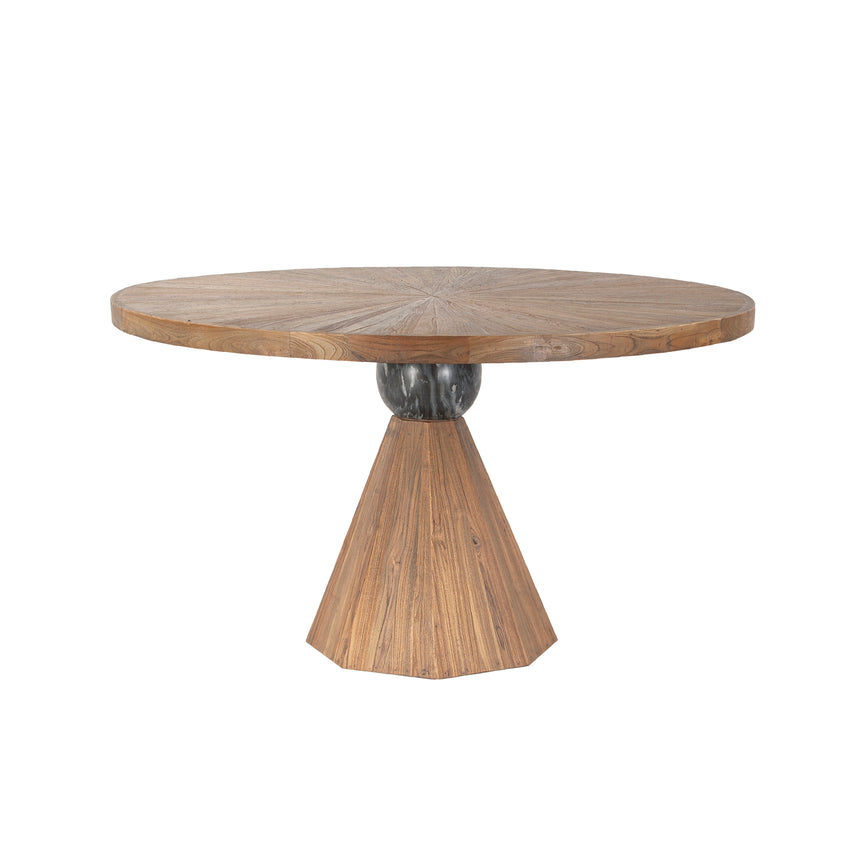 Round teak dining table with a black marble pedestal