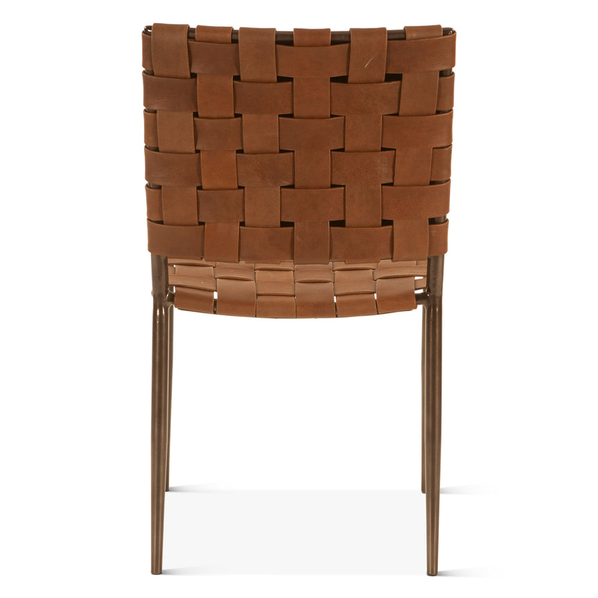Lund dining chair, woven dark brown buffalo leather, black iron frame, back view