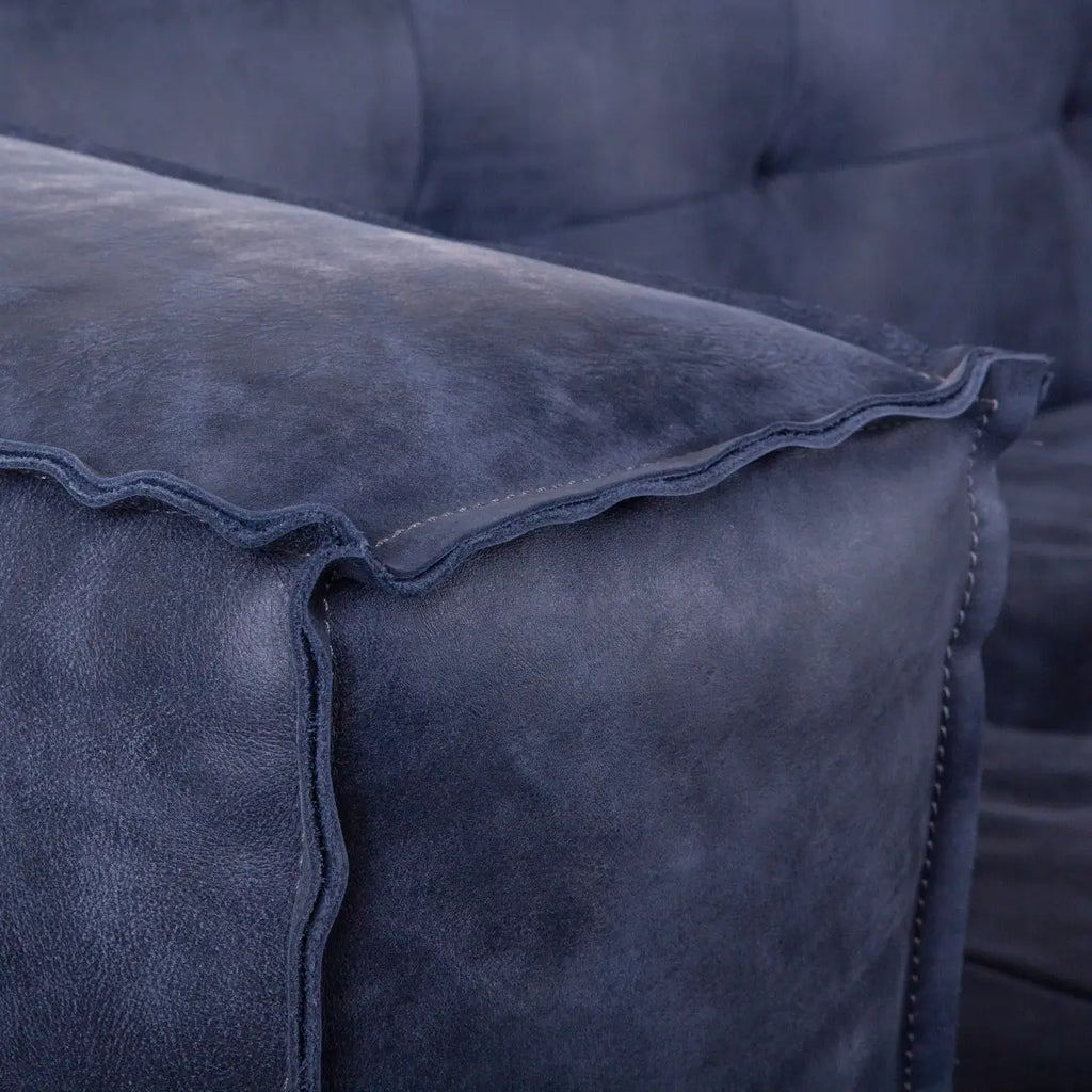 blue leather sofa - close-up of stitched leather