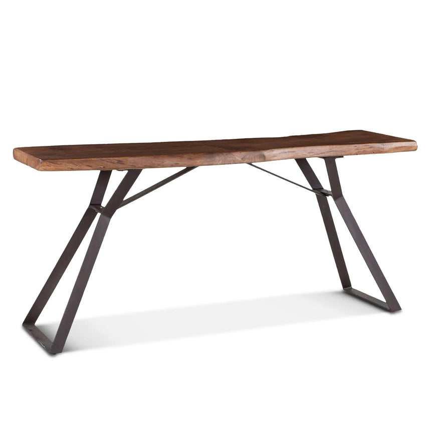solid wood console table with angled metal legs - angled view