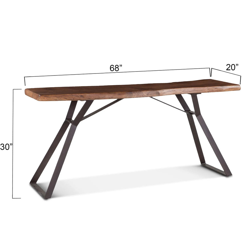 solid wood console table with angled metal legs - front view showing dimensions