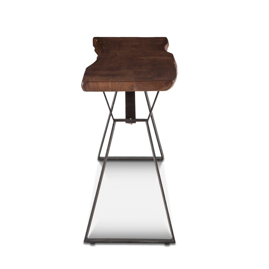solid wood console table with angled metal legs - side view