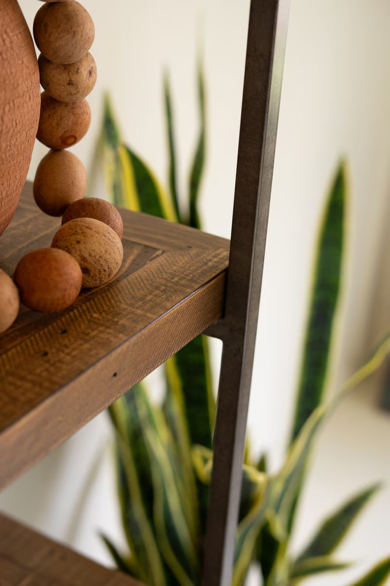 Close-up of pine wood shelf corner when it meets the frame for support
