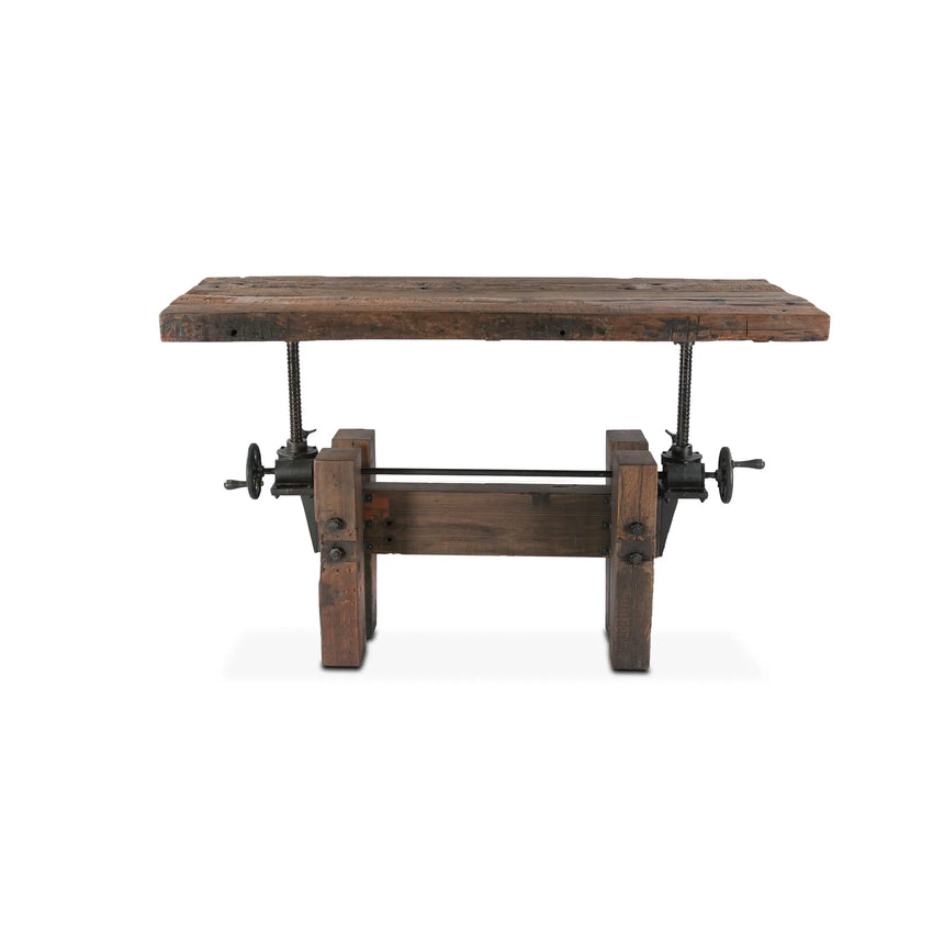 rustic solid wood desk with adjustment cranks - front view - desk fully raised