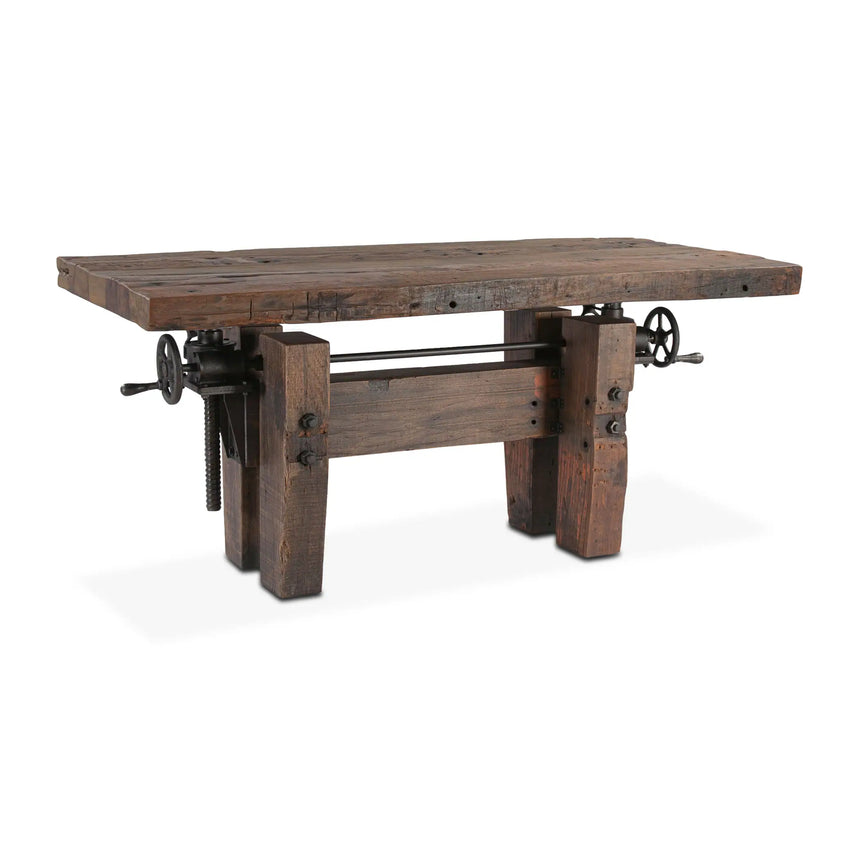 rustic solid wood desk with adjustment cranks - side view