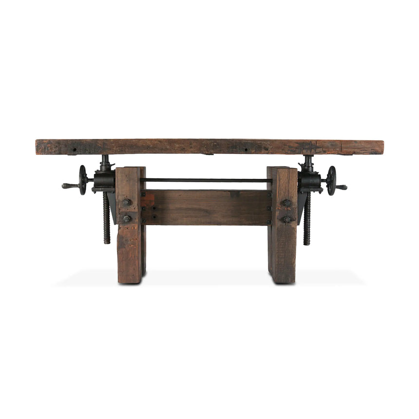rustic solid wood desk with adjustment cranks - front view