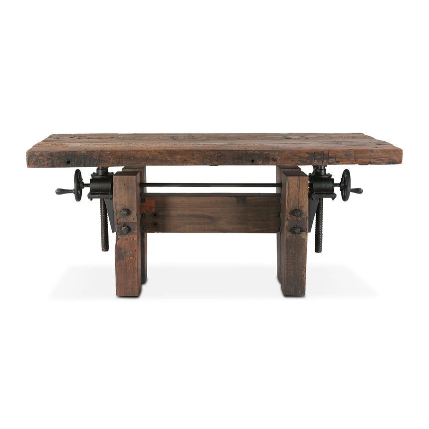 rustic solid wood desk with adjustment cranks - front angled view