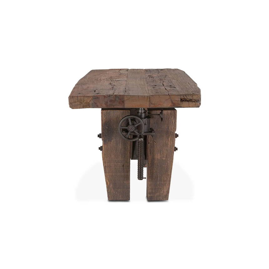 rustic solid wood desk with adjustment cranks - side view