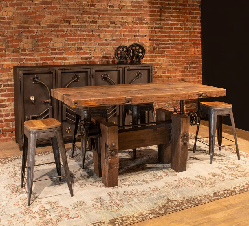 rustic solid wood desk or dinner table in a lifestyle photowith stools