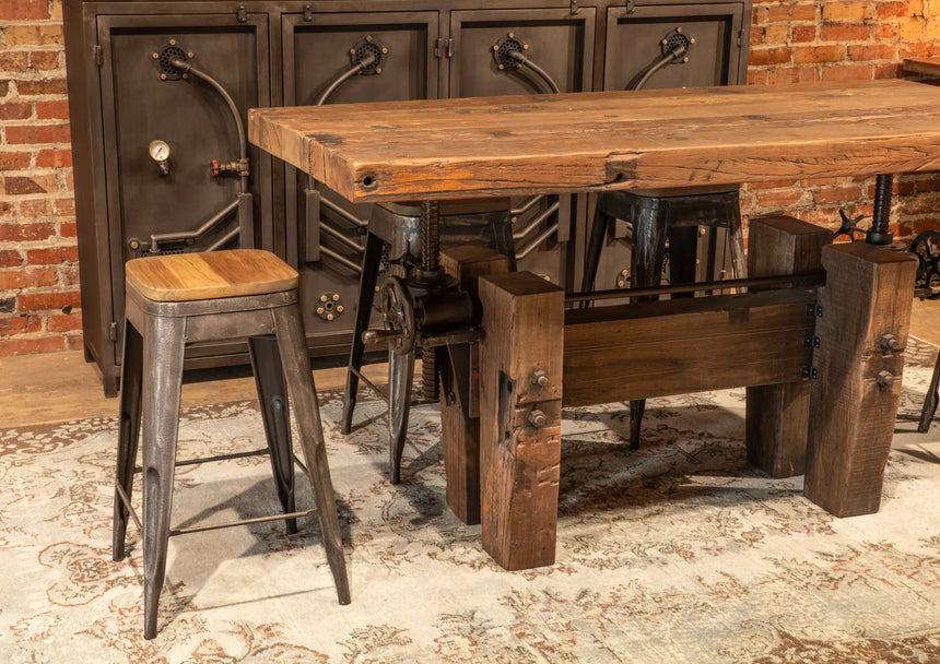 rustic solid wood desk or dinner table in a lifestyle photowith stools - close-up view